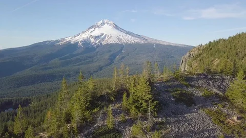 Aerial view, forest and volcano during sunny day. Mount Hood, Oregon, USA Stock Footage 128918355