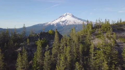 Aerial view, forest and volcano during sunny day. Mount Hood, Oregon, USA Stock Footage