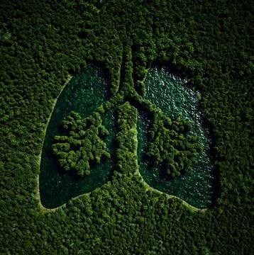 Aerial view of forest with central lung-shaped lake. Illustrazione stock