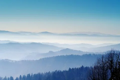 Aerial view of forest covered hills and valleys on a hazy morning Foto stock