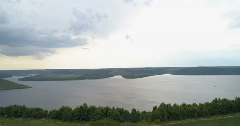 Aerial view of  a forest covered hillside  of the Dniester River. Bakota Ukraine Video stock 112980790