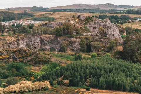 Aerial view of a forest with different types of trees and a quarry of stones Stock Photos