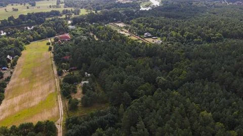 Aerial View of Forest, Fields, and River Near Nowy Lubiel, Poland Stock Photos