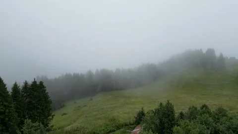 Aerial view of the forest in the fog. Rainy weather in mountains. Misty fog b Stock Footage 249244894