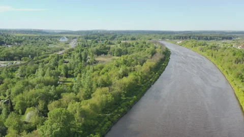 Aerial view of the forest in the middle climatic zone , roads and villages su Stock Footage 108421428