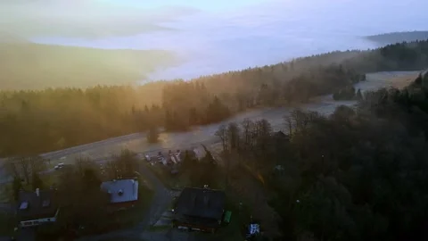 Aerial View of the Forest Mountain Ski Resort Above Clouds, Czech Republic Stock Footage 169592267