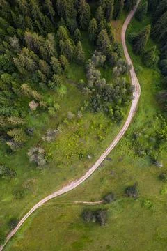 Aerial view of a forest path passing through a picturesque summer meadow Stock-Fotos