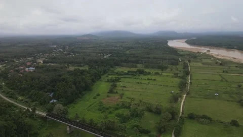 Aerial view of Forest, River and Bridge in Kelantan Stock Footage 148356417