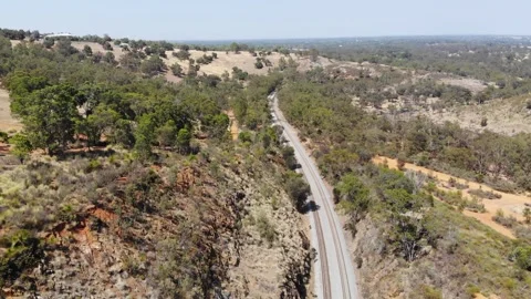 Aerial View of a Forest River Train Stock Footage 139620046