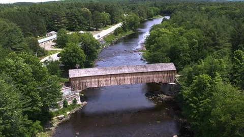 Aerial View Forest Surrounding Covered Bridge Stock Footage 95493604