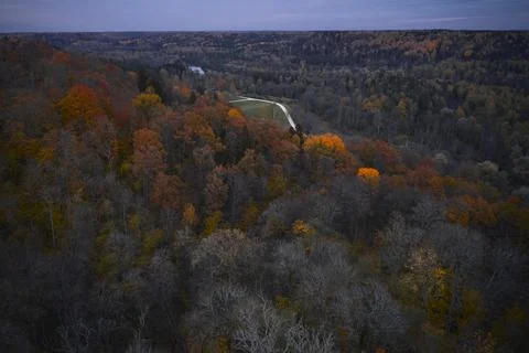 Aerial view of the forest under clouds during the autumn. Stock Photos