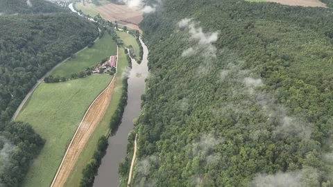 Aerial view of forested river valley with fog Video stock 313765408