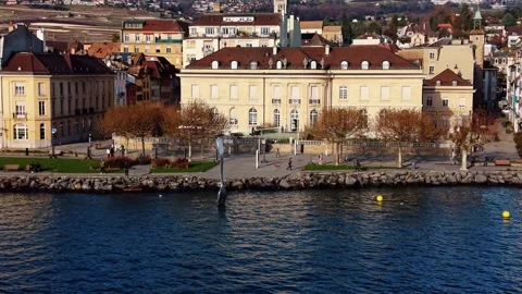 Aerial view of The Fork of Vevey and Quai Perdonnet buildings, Switzerland. Stock-Footage 323276762