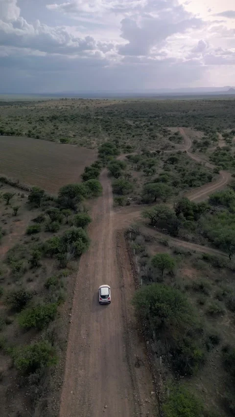 Aerial view of a forked dirt track in dry countryside Stock Footage 342061177