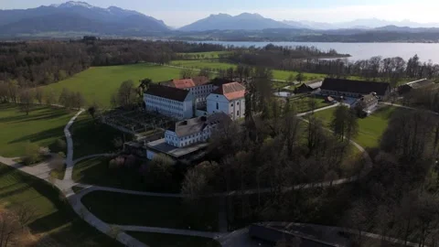 Aerial view of former Augustinian monastery on Herreninsel island, Chiemsee Stock Footage 316652507