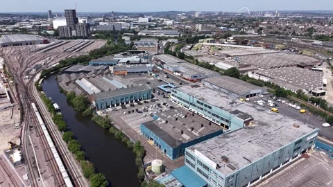 Aerial view of the former base of Cargiant, Willesden, London, UK. Video stock 336007912
