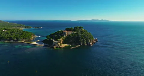 Aerial view of Fort Bregancon sunset aerial view from the mediterranean sea. A Stock Footage 306060890