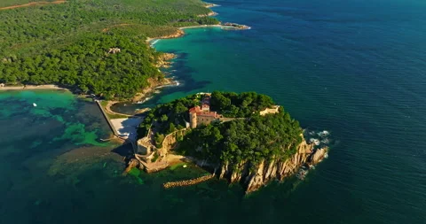 Aerial view of Fort Bregancon sunset aerial view from the mediterranean sea. A Stock Footage 306751364