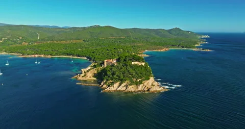 Aerial view of Fort Bregancon sunset aerial view from the mediterranean sea. A Stock Footage 307971046