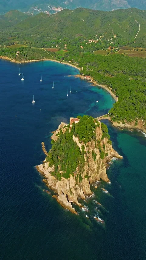 Aerial view of Fort Bregancon sunset aerial view from the mediterranean sea. A Stock Footage 320876241