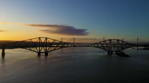 Aerial view of Forth Rail Bridge at twilight, Scotland. Stock Footage 275900469