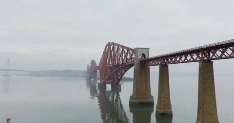 Aerial view of forth rail bridge reflections, United Kingdom. Stock Footage 312734195