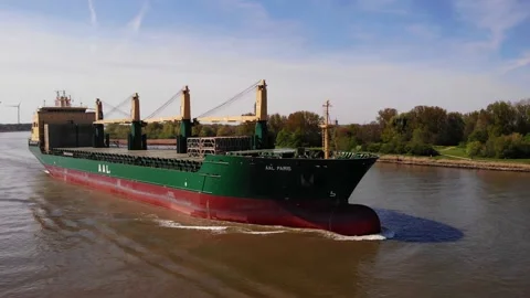 Aerial View Off Forward Bow Of Aal Paris Cargo Ship Travelling Along Oude Stock Footage 195336344