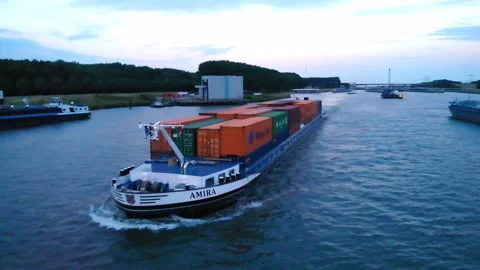 Aerial View Off Forward Bow Of Amira Inland Cargo Container Ship Along Vídeos de archivo 204778407