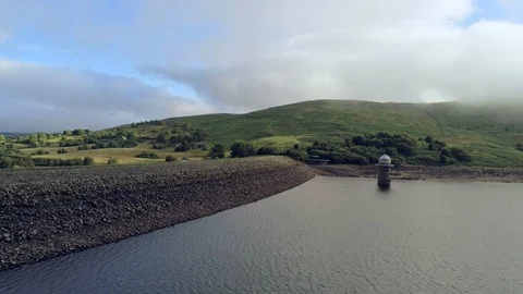 Aerial view, forward side move. Drone panorama of Llyn Celyn water reservoir  Stock Footage 94227756