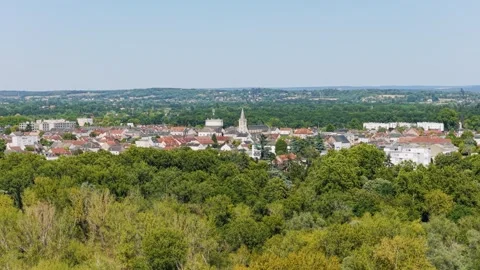 Aerial view of Fourchambault, a small town in central France, showing red-roofed Stock Footage 346673467