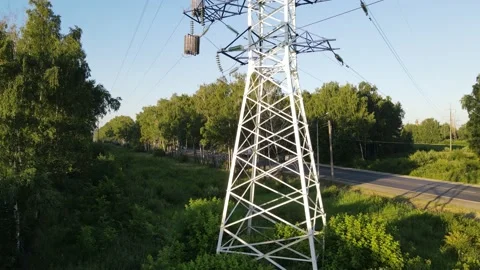 Aerial view of the frame installation of electric transmission lines Stock Footage 202230560