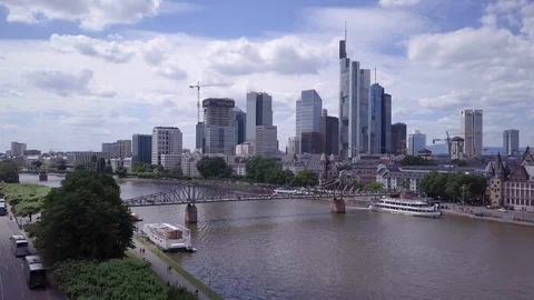 Aerial View of Frankfurt Skyline & River Main Stock Footage