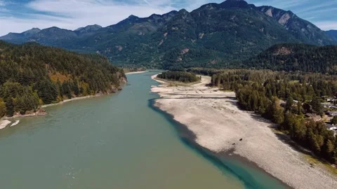 Aerial View of a Fraser River Sandbar Bend Near Chilliwack, British Columbia Stock-Footage 345845807