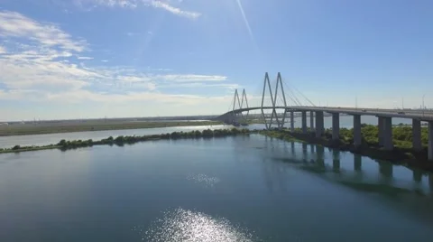Aerial view of the Fred Hartman Bridge over the Houston Ship Channel Stock Footage 68412992