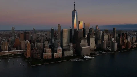 Aerial View of Freedom Tower and Lower Manhattan at dusk Stock Footage 117289727