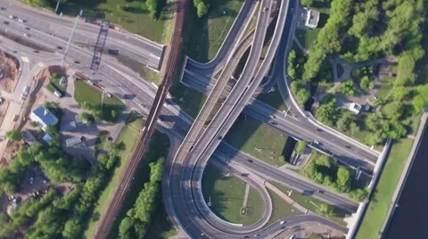 Aerial view of a freeway intersection Stock Footage