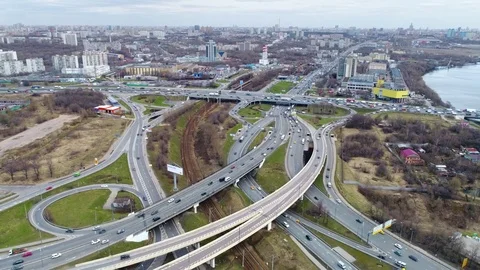 Aerial view of a freeway intersection Stock Footage
