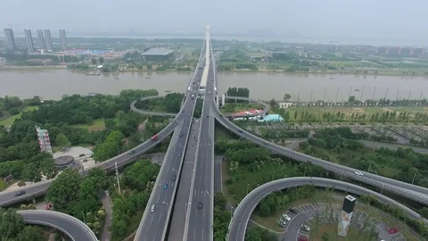 Aerial view of a freeway intersection in nanjing,china Video stock 74377623