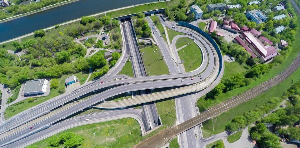 Aerial view of a freeway intersection Stock Photos