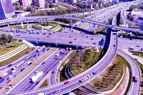 Aerial view of a freeway intersection. Road junctions in a big city Stock Photos