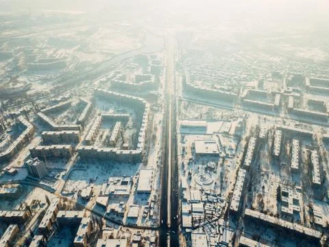 Aerial view of a freeway intersection Snow-covered in winter. Stock Photos