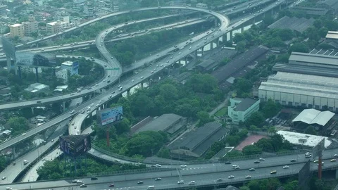 Aerial view of freeway junctions at early morning in Bangkok, Thailand Stock Footage 83436689