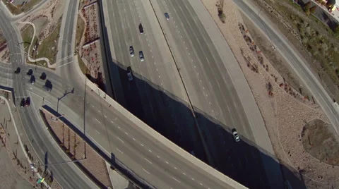 Aerial view of freeway multi-lane entrance overpass Stock Footage 32220868