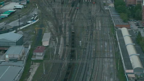 Aerial view of the freight train and railway in the city Stock Footage 137112106