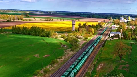 Aerial view of a freight train in the countryside, Latvia. Stock Footage 340582550