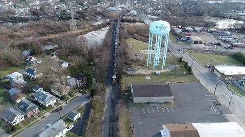Aerial View Freight Train Gloucester New Jersey Heading to Camden Stock Footage 73586458