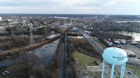 Aerial View Freight Train Gloucester New Jersey Heading to Camden Видео 73586462