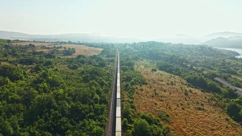 Aerial view of freight train moving along centered railway through green Stock Footage 341389058
