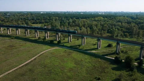 Aerial View of Freight Train Rides on Overpass in a Field Video stock 257833904