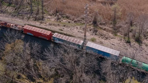Aerial view of Freight Train at Stony Point - New York Stock Footage 129649064